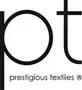 "pt"-logo med "prestigefyldte tekstiler" i en mindre skrifttype nedenunder. Sort og hvid.