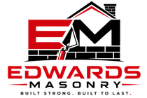 Edwards Masonry logo with red and black brick-style lettering and a trowel icon; “Built strong. Built to last.”
