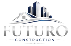 Futuro Construction logo featuring silver city buildings and a house roof silhouette with the company name below.