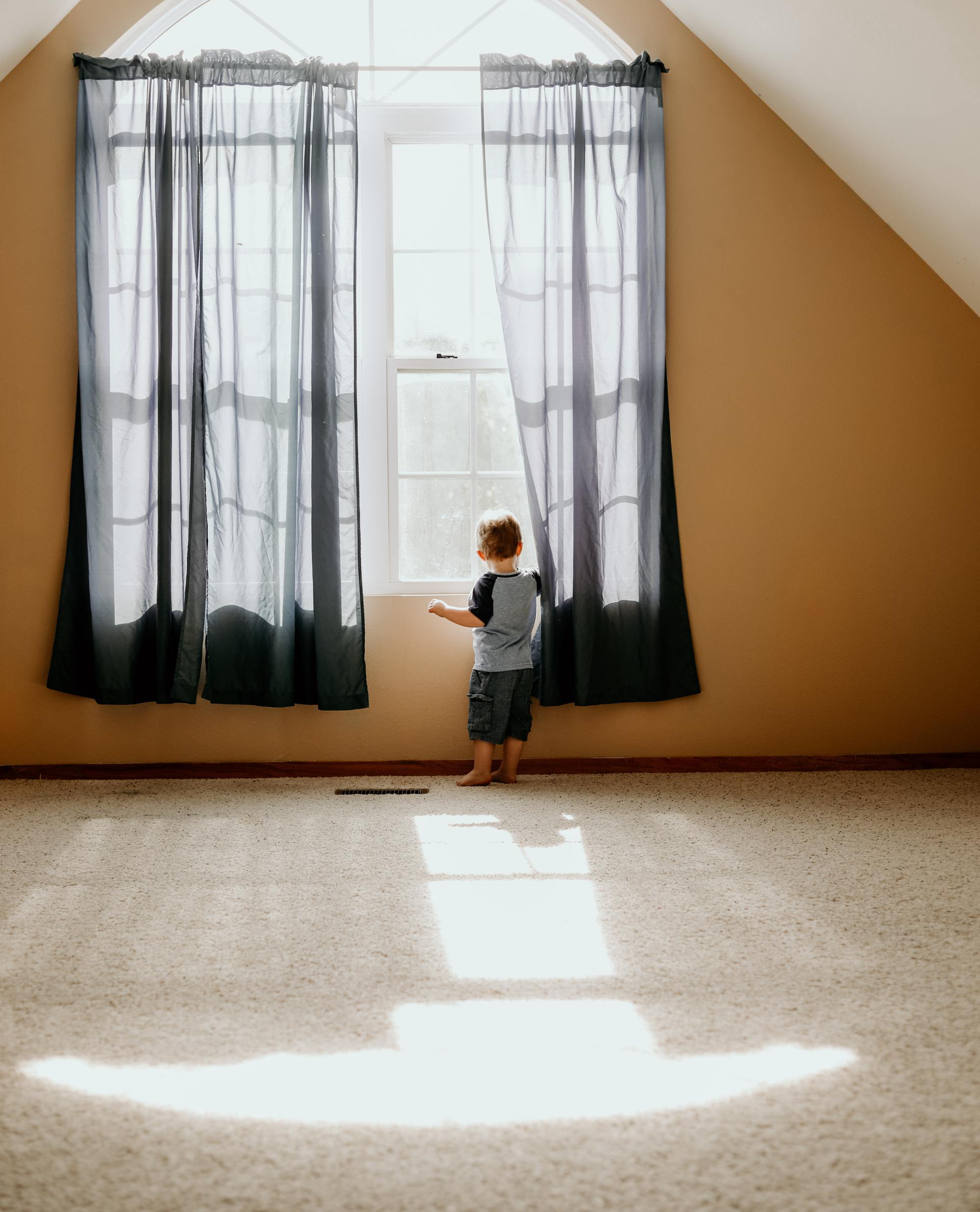 A child standing on a clean white shampooed carpet