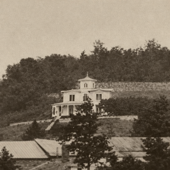 White house on a hillside behind trees, with a porch and wooded background.