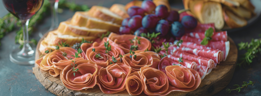 Assorted cured meats and cheese arranged on a wooden board with grapes and garnishes