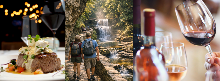 Wine country collage: plated dish, hikers by a waterfall, and a wine glass with bottle and carafe