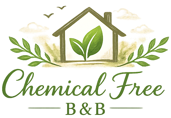 Chemical Free B&B logo with green house, leaves, and script text on a white background