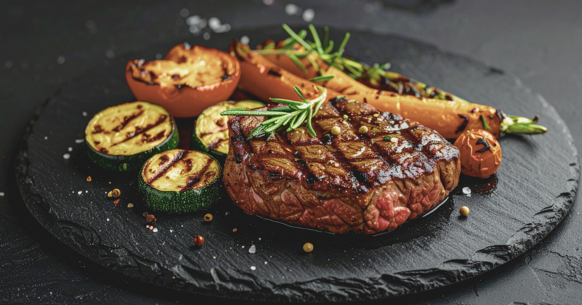 Grilled steak with potatoes, carrots, and zucchini on a black plate, garnished with herbs.