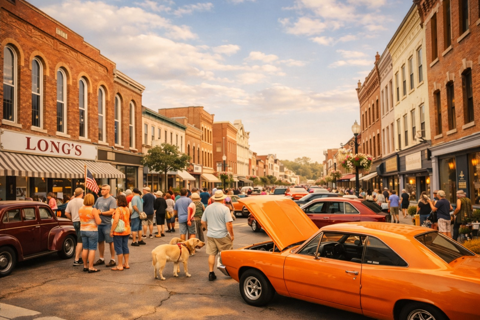 Busy brick downtown street with classic cars, orange sports car, and pedestrians outside Long’s shop at sunset