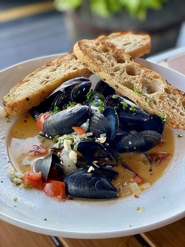 Bowl of mussels in broth with tomatoes and herbs, served with two slices of toasted bread.