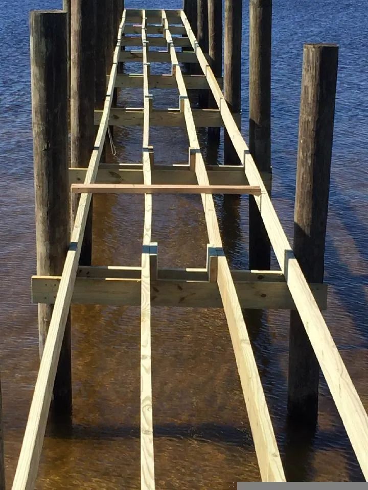 A wooden dock is being built in the water