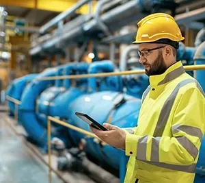 A technician in a high-visibility jacket and hard hat uses a tablet inside an industrial facility with blue pipes.