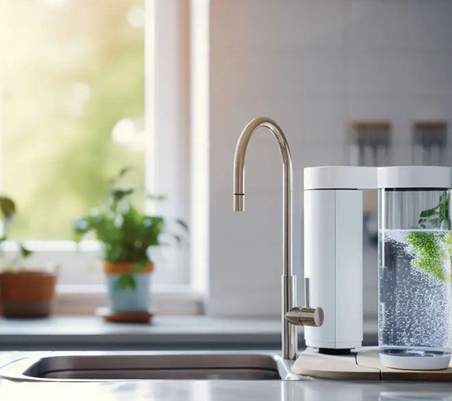 A countertop water filtration system with a stainless steel faucet and clear carafe sits by a kitchen window.