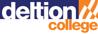 Een blauw en oranje logo voor deftion college