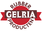 Het logo voor gelria rubberproducten is een rode cirkel met een rood lint eromheen.