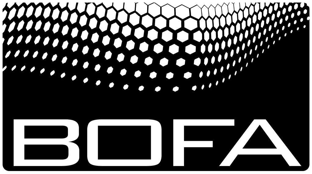 Een zwart-wit logo voor bofa met een honingraatpatroon.