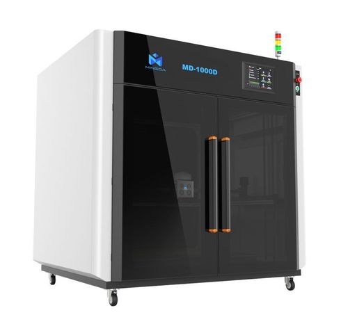 Een 3D-printer waar rood licht uit komt.