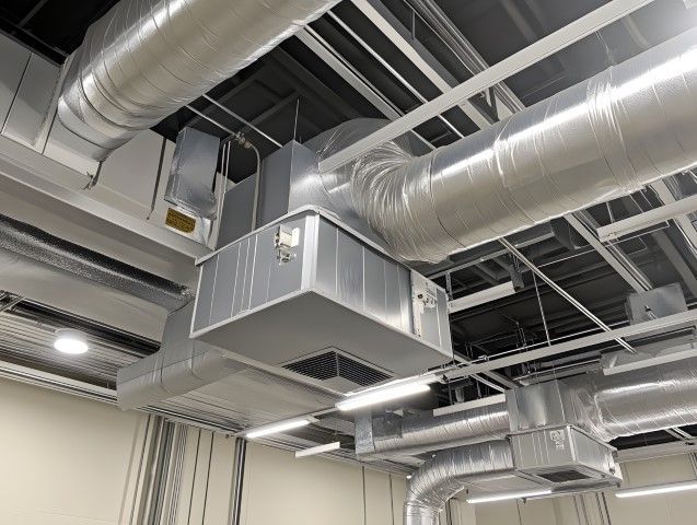 A room with a lot of pipes hanging from the ceiling.