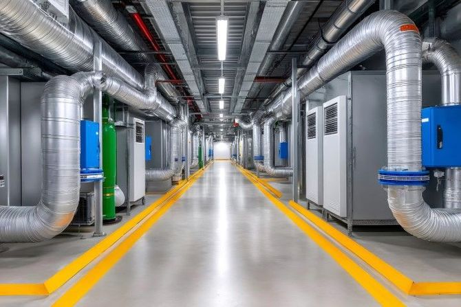 A long hallway in a factory with yellow lines and pipes.