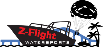 A logo for z-flight watersports with a boat and a parachute.