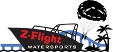 A logo for z-flight watersports with a boat and a parachute.