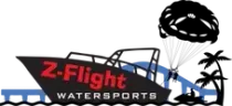 A logo for z-flight watersports with a boat and a parachute.