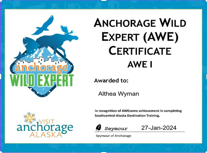 Anchorage Wild Expert certificate awarded to Althea Wyman, dated January 27, 2024.