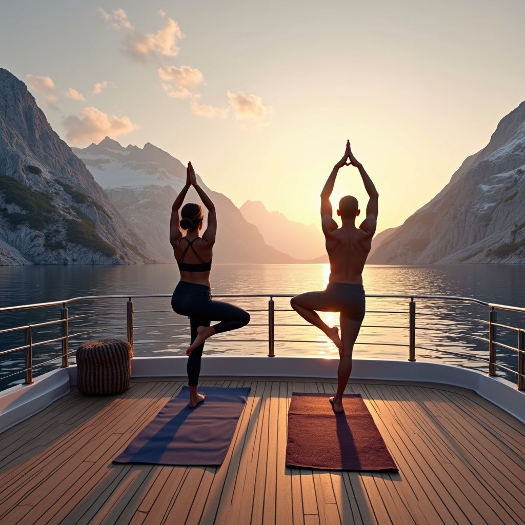Two people practice yoga on a boat deck at sunrise, mountains in the background.