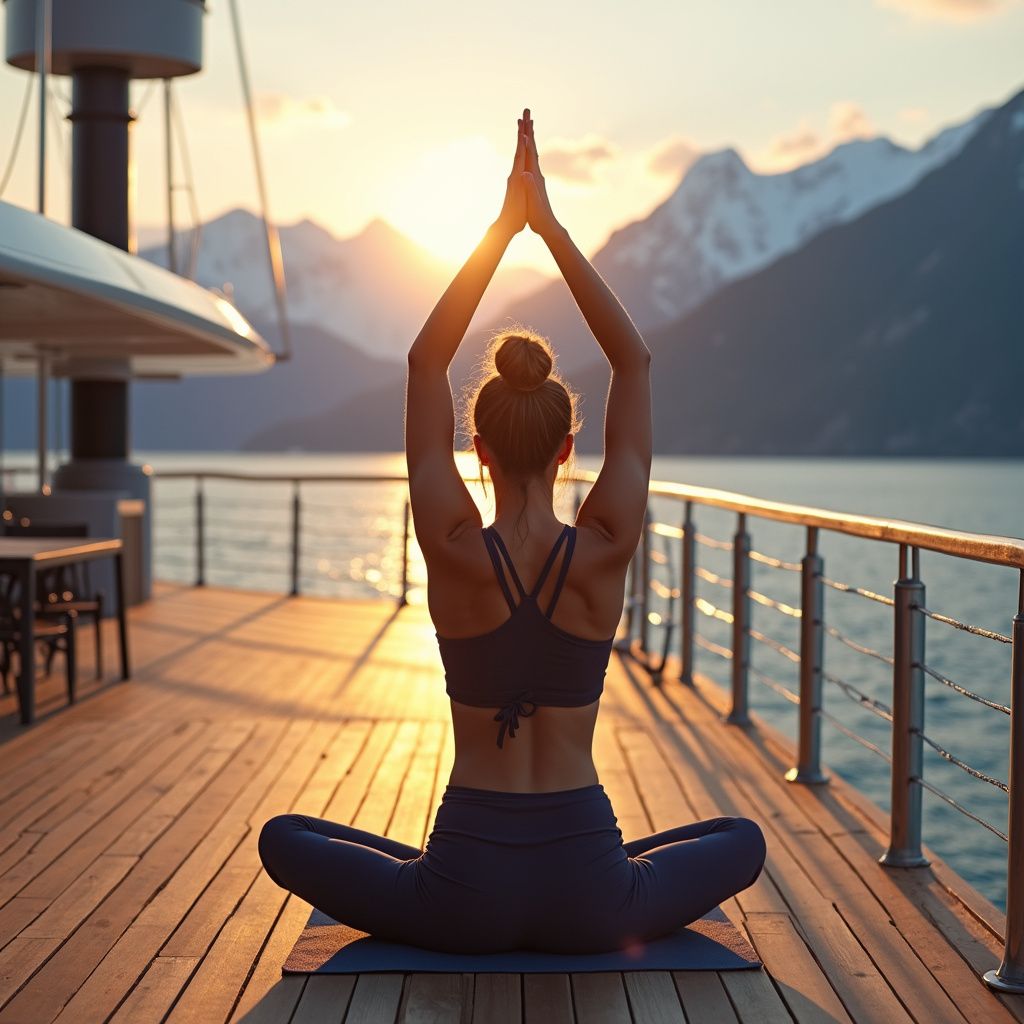 Woman in yoga pose on a yacht deck, hands raised to the sky, mountains in background, sunset.