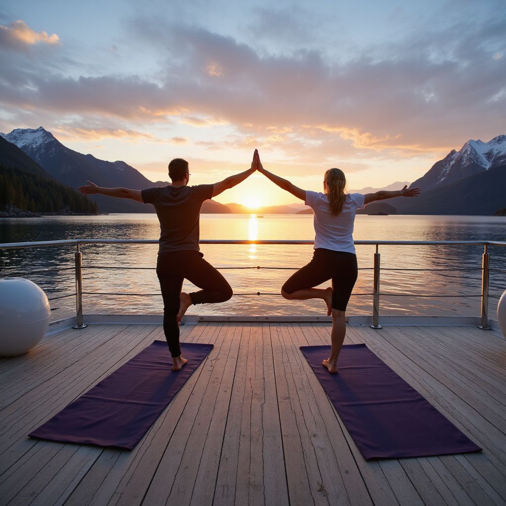 Two people practice yoga on a deck overlooking a lake at sunset.