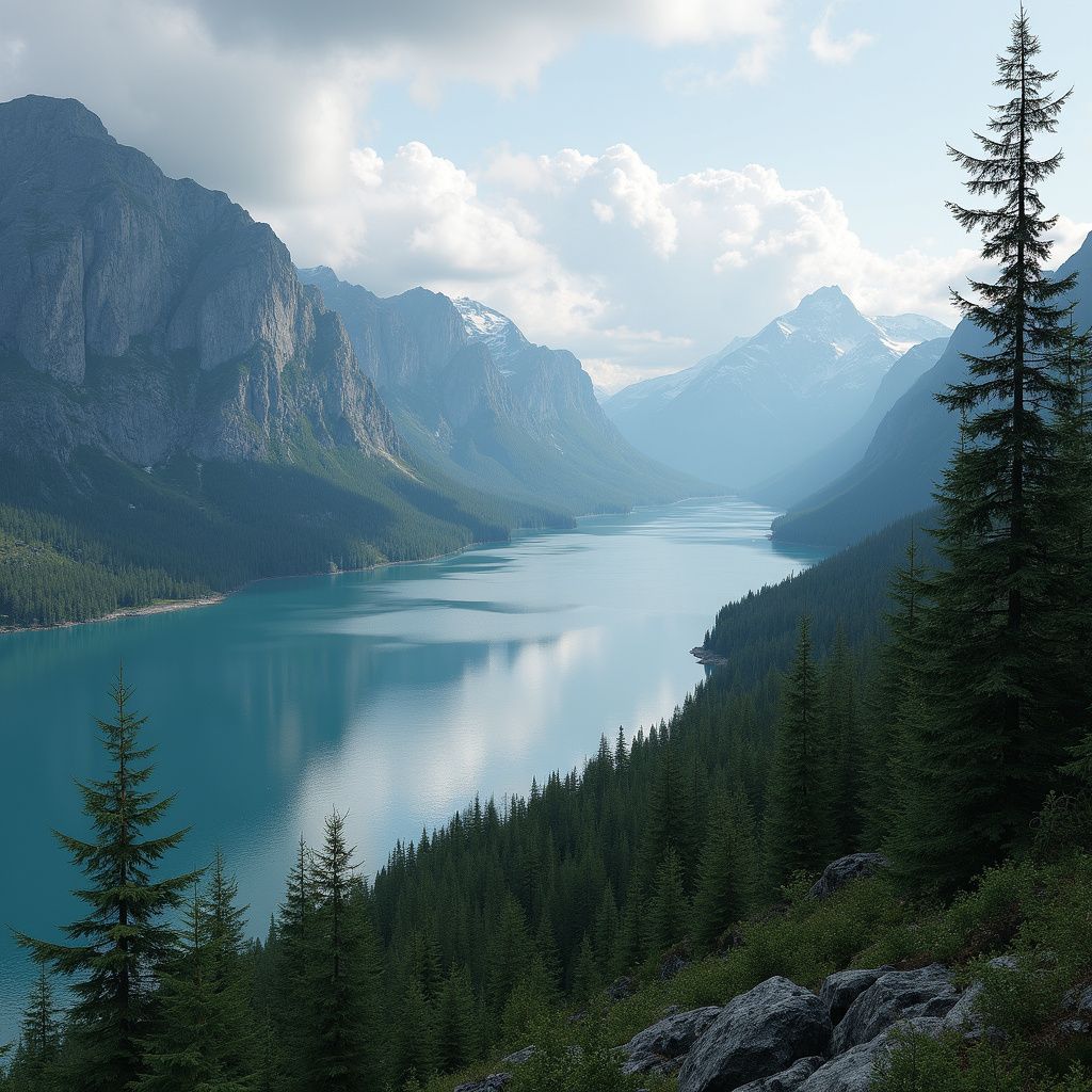 Turquoise lake framed by mountains and evergreen forests under a cloudy sky.