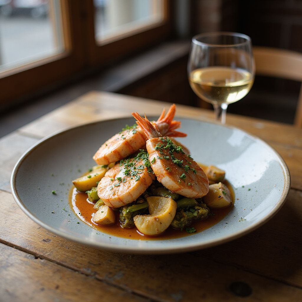 Plate of seared shrimp with vegetables, presented with wine glass on wooden table by window.