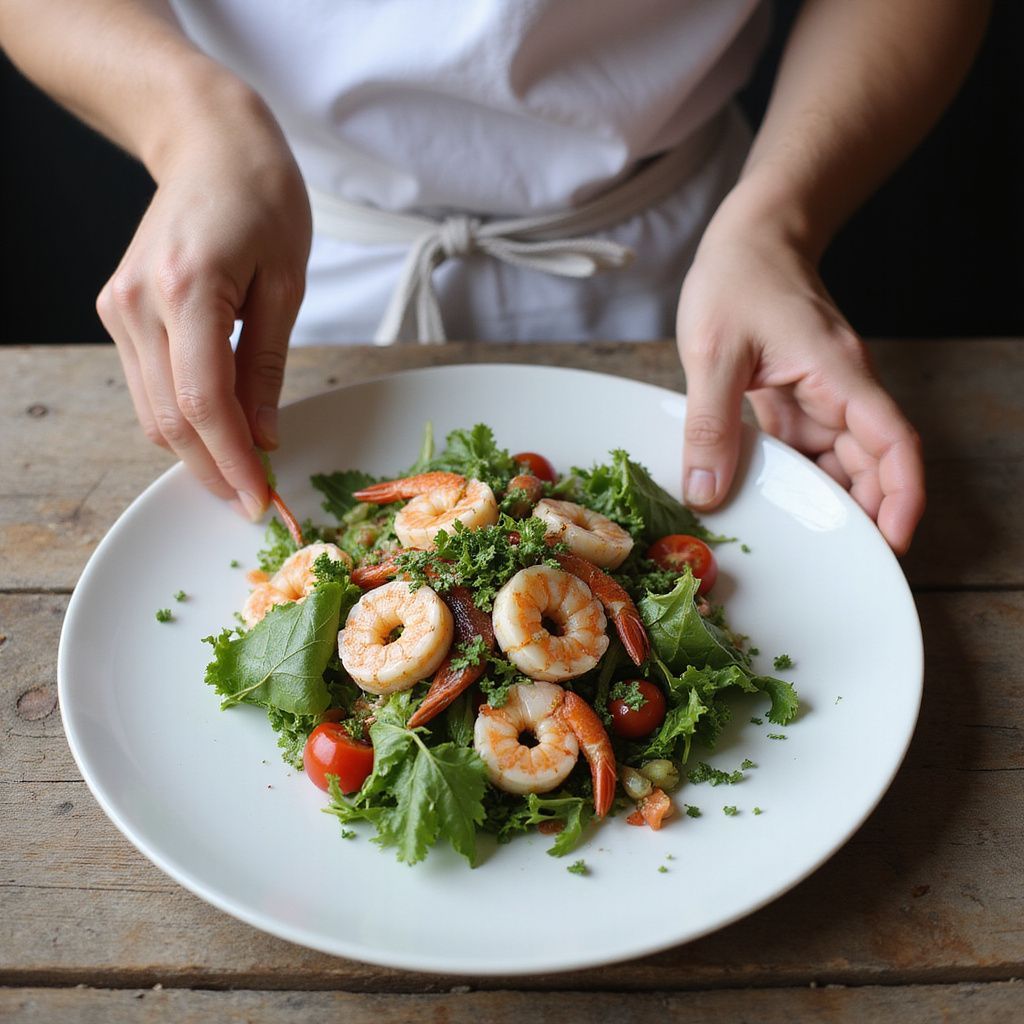A chef presenting a plate of shrimp salad with tomatoes and greens.