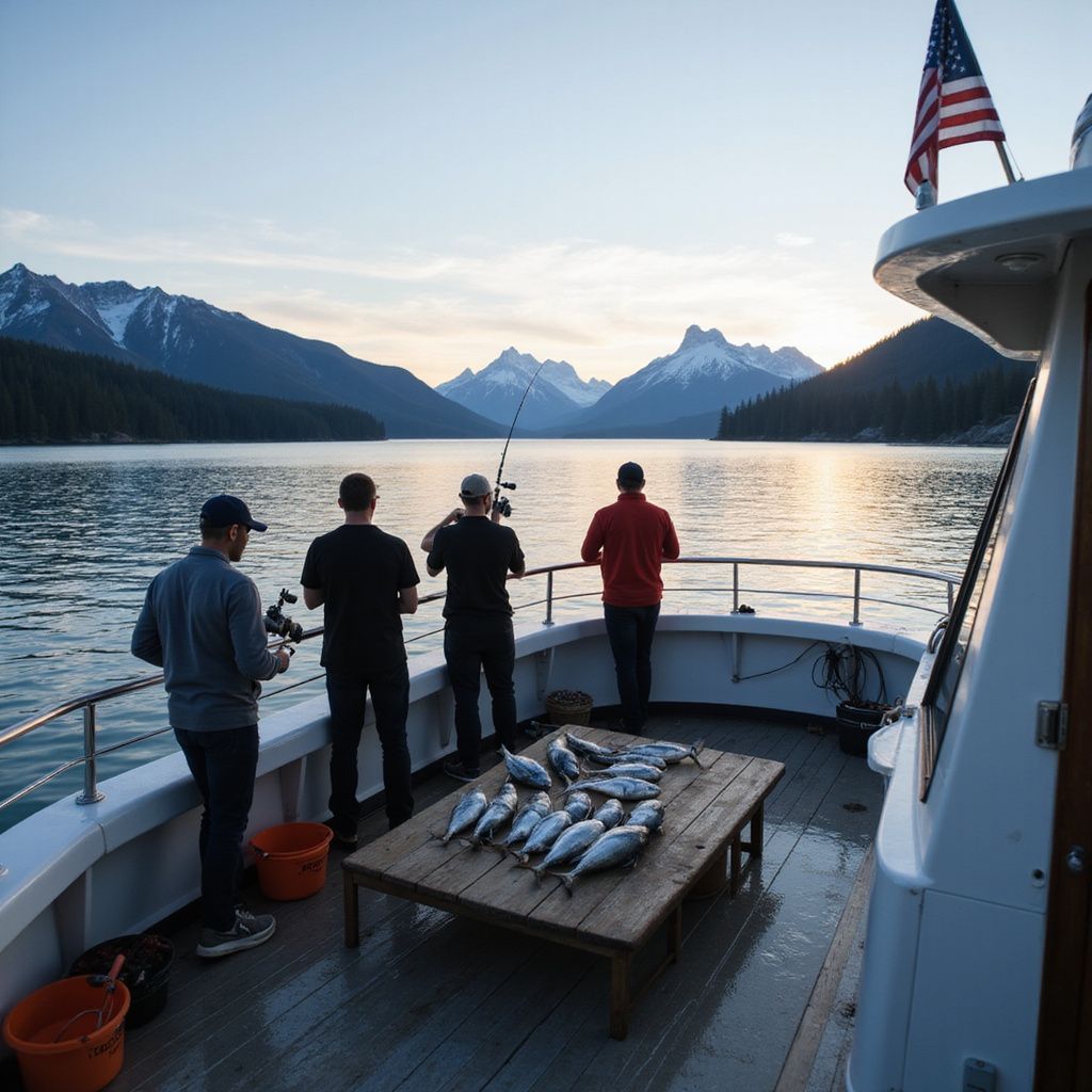 People fishing on a boat on a lake with mountains in the background. Fish are on a table. American flag.