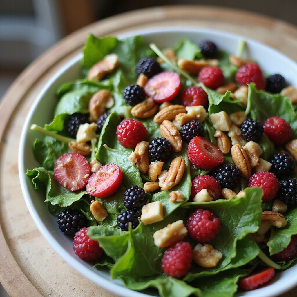Salad in a white bowl with greens, red raspberries, black berries, pecans and chopped cheese on a wood surface.
