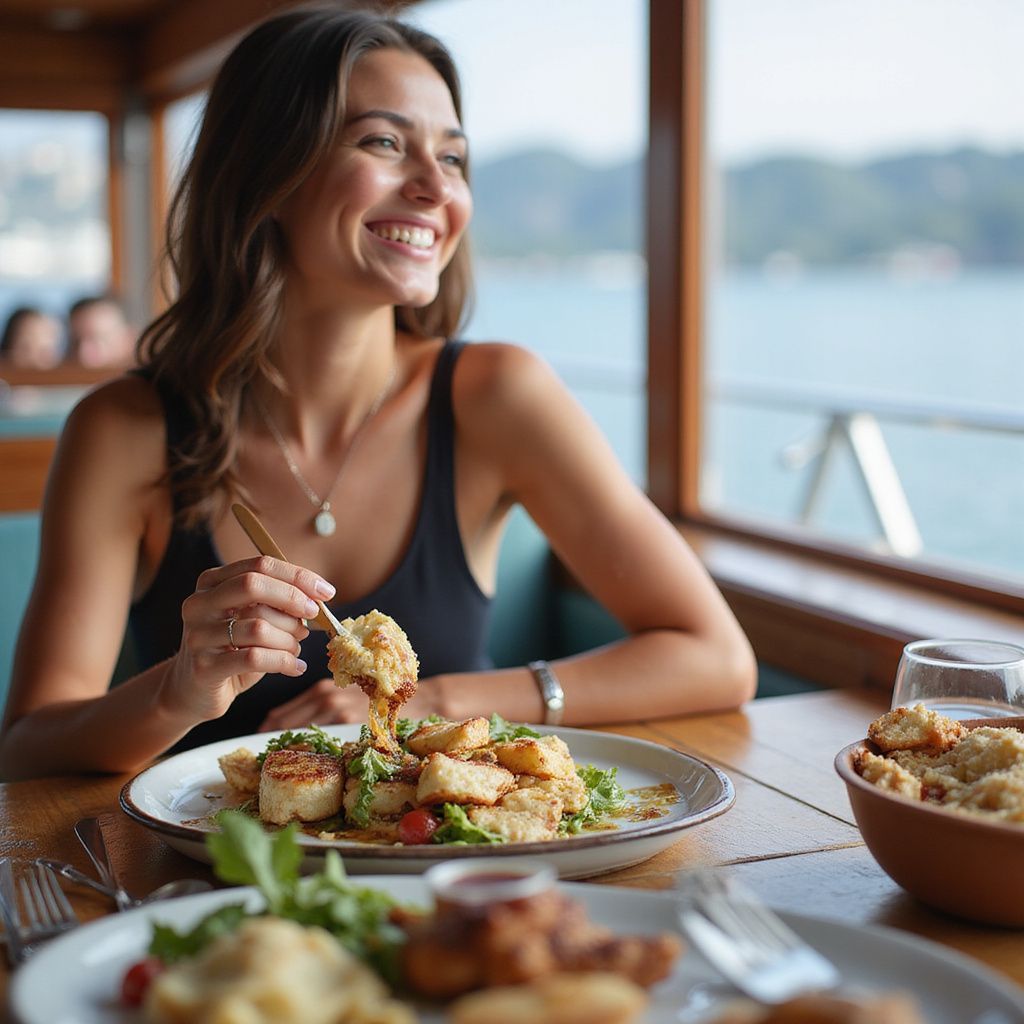 Woman smiling, eating at a table by a window, enjoying food.