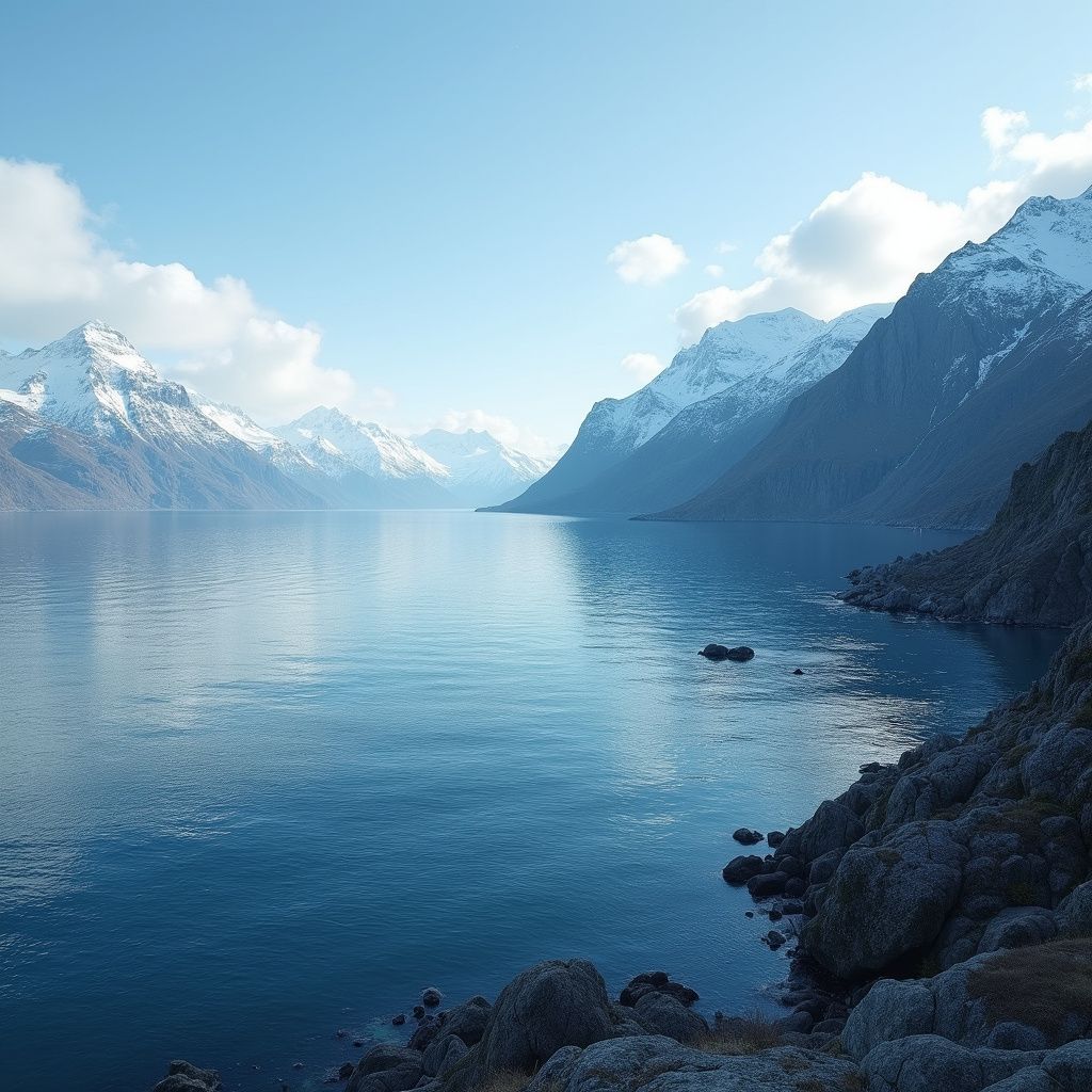 Snowy mountains frame a calm, blue lake under a clear, bright sky.