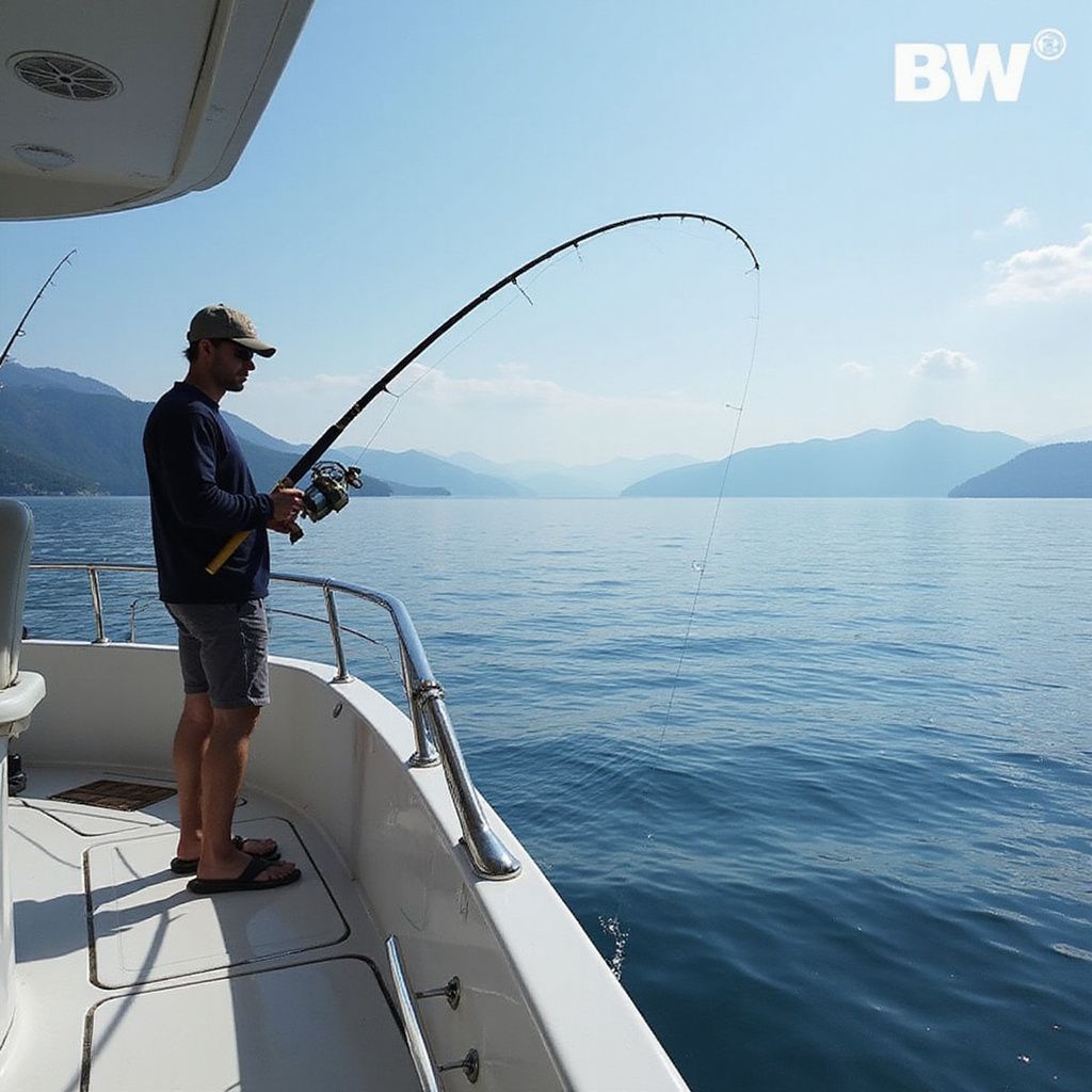 Man fishing from a boat on a sunny day. Mountains in the distance, blue water and sky.