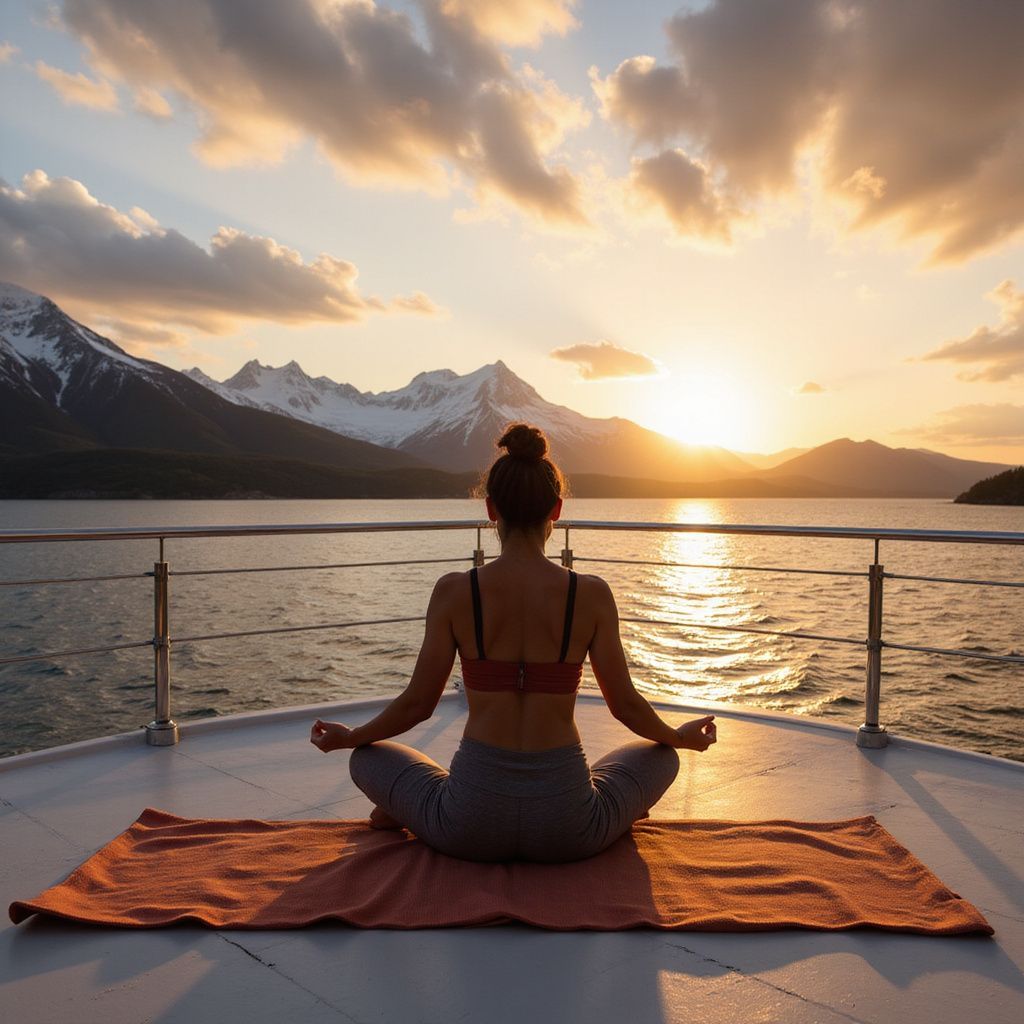 Woman meditating on a boat deck at sunset, snowy mountains in the background.