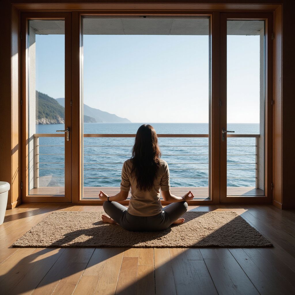 Woman in lotus position meditating by a large window overlooking the ocean.