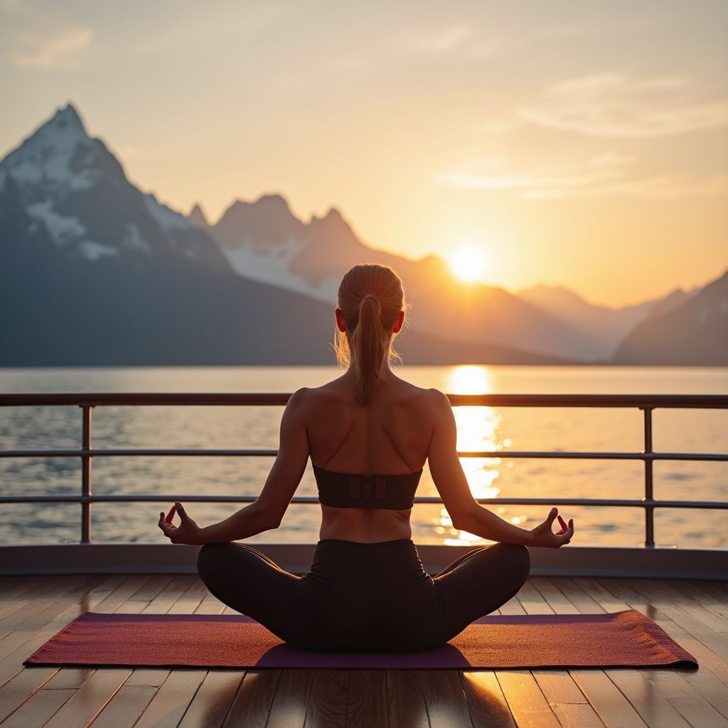 Woman in yoga pose on a deck, with mountains and sunset over water in the background.