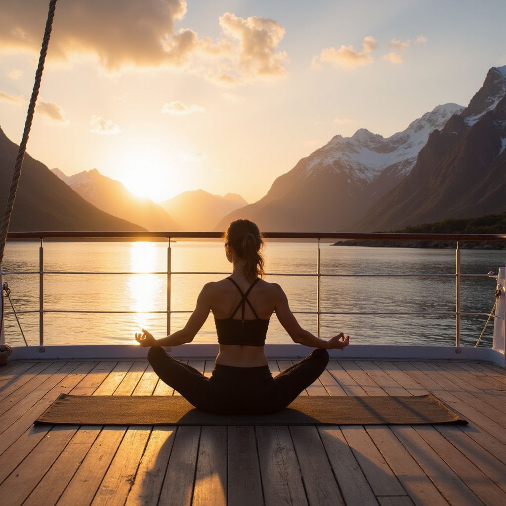 Woman doing yoga on a ship deck with mountain and sunset view.