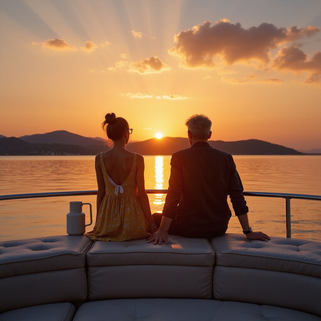 Couple on a boat watch the sunset over the water with mountains in the distance.