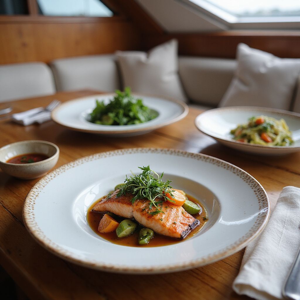 Salmon dish with vegetables, salad, and pasta on a wooden table, onboard a boat.