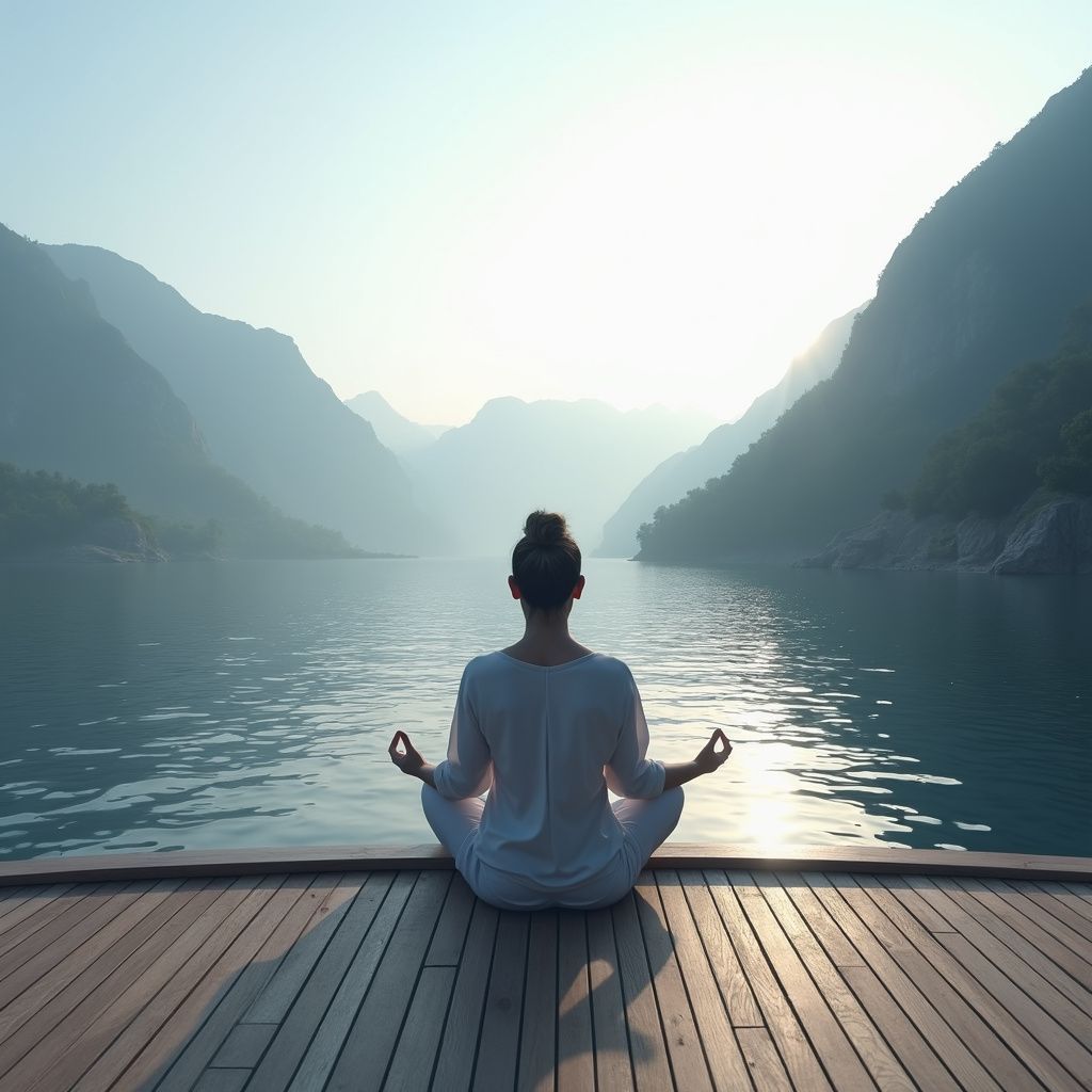 Person meditating on a wooden dock overlooking mountains and water.