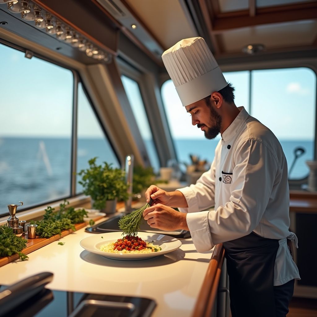 Chef in white uniform garnishes pasta dish near a window overlooking the ocean.