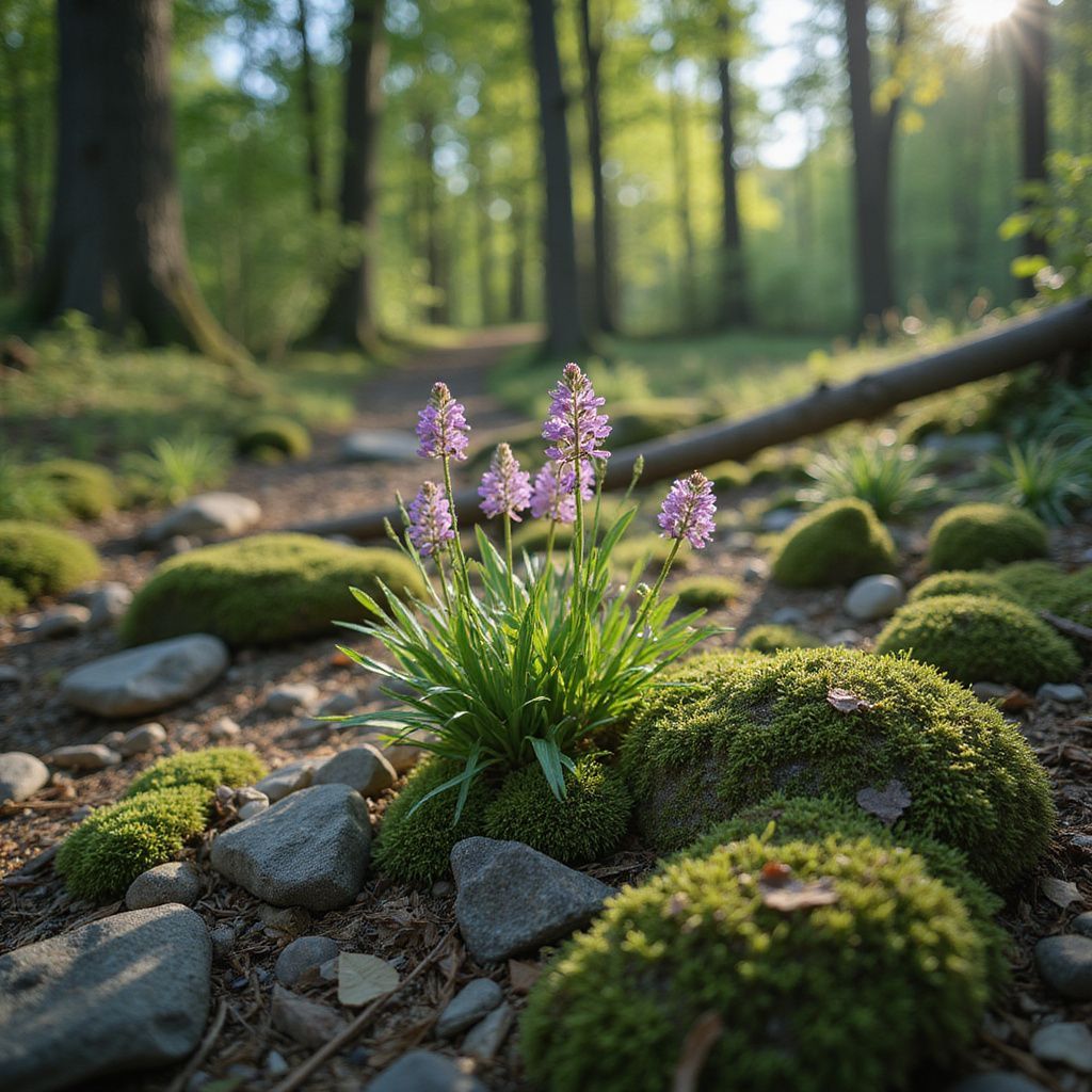 Purple wildflowers in a forest path setting, surrounded by moss-covered stones and a blurred tree background.