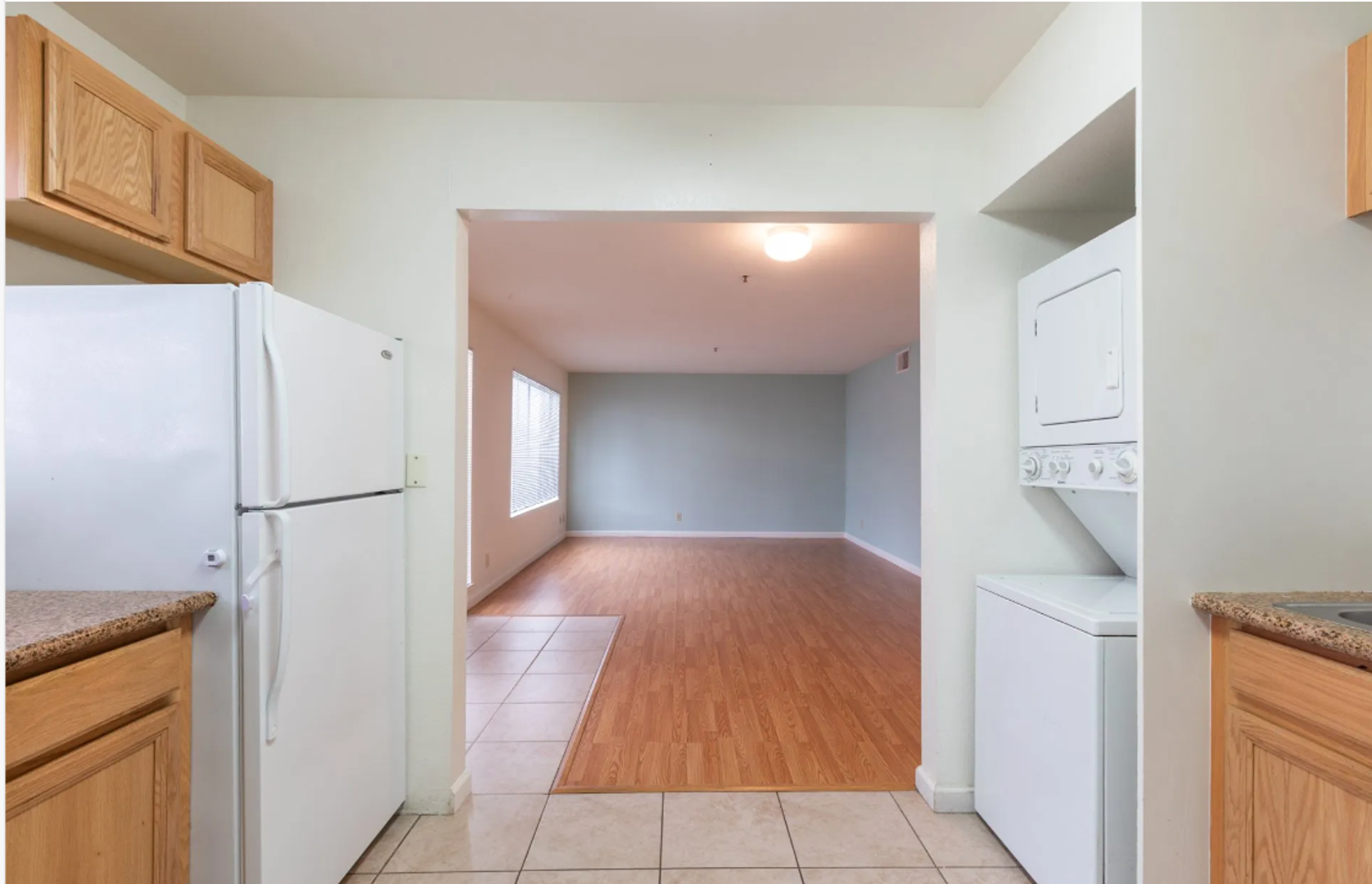 Photo showing a kitchen in the foreground an a very large living room in the background