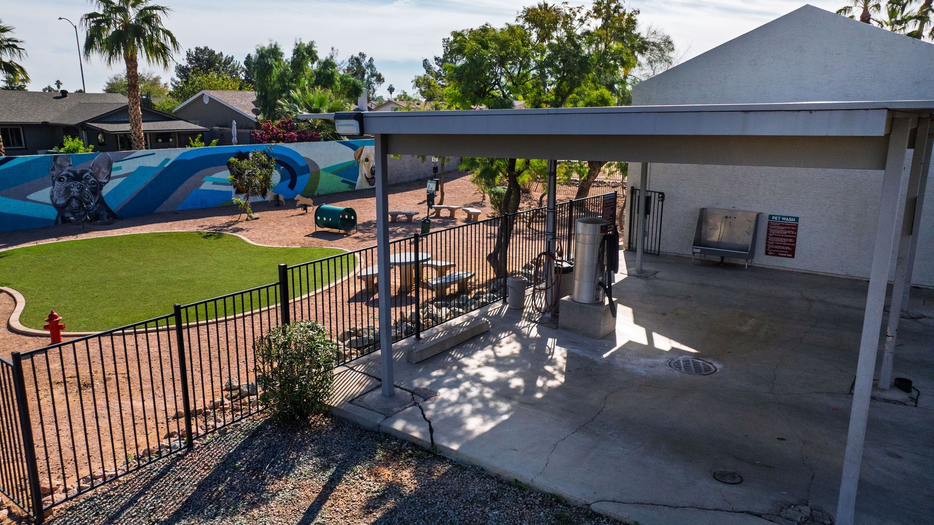 Exterior shot of a car wash with a covered area, fence, and mural; grass and trees visible.