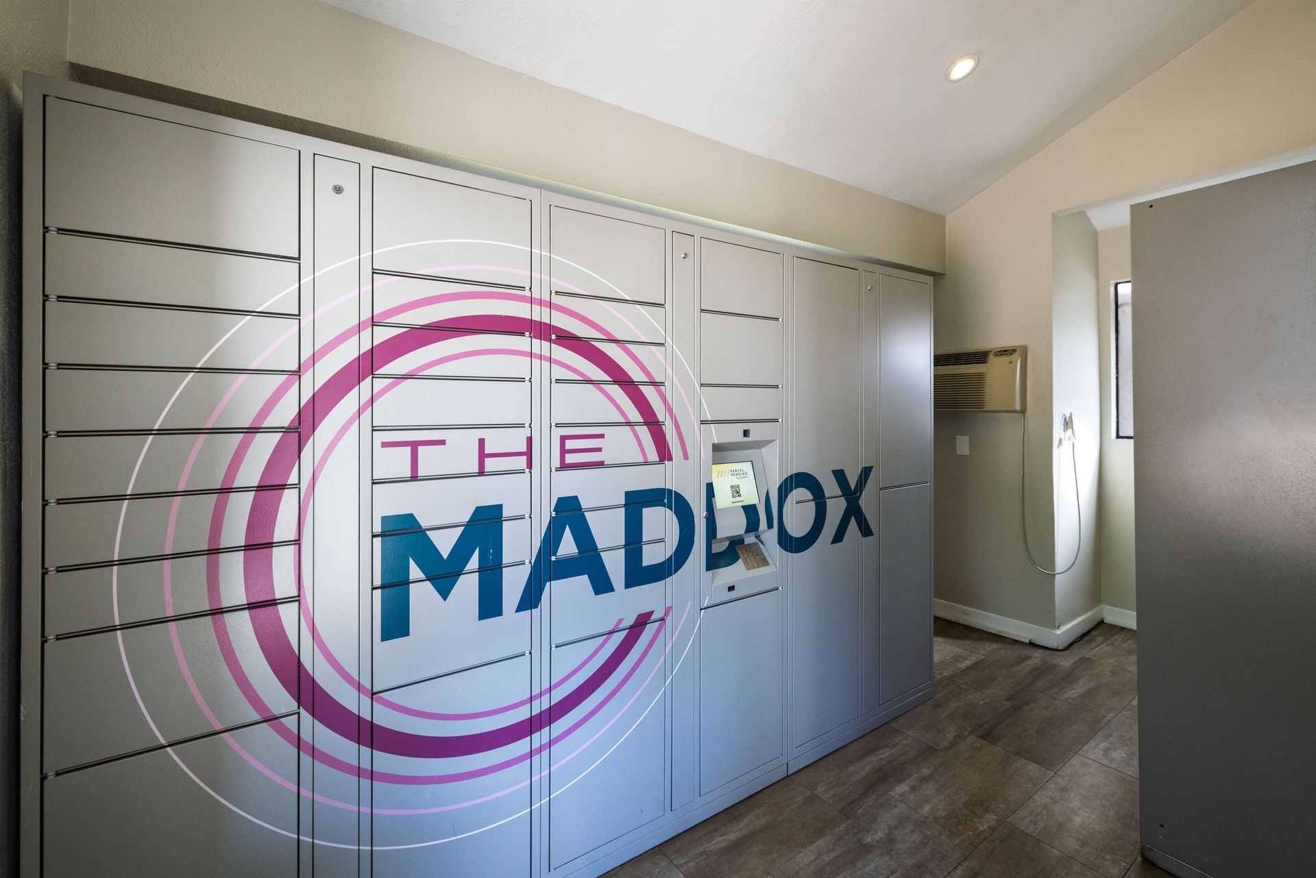 Gray parcel lockers with 