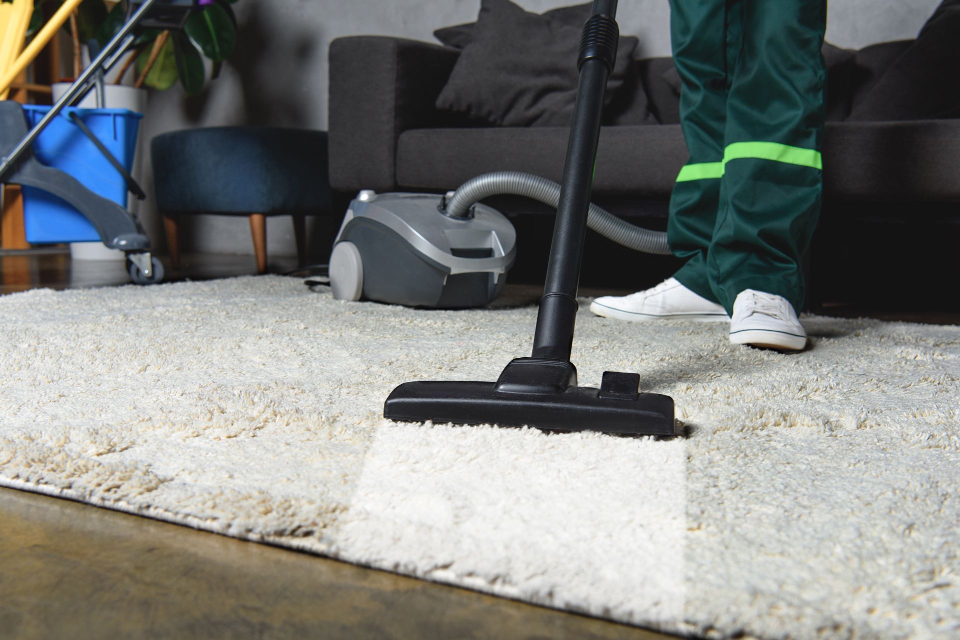 A person is cleaning a carpet with a vacuum cleaner.