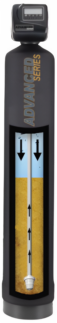 Water softener with a digital display. The interior shows the water flow through the filtering media.