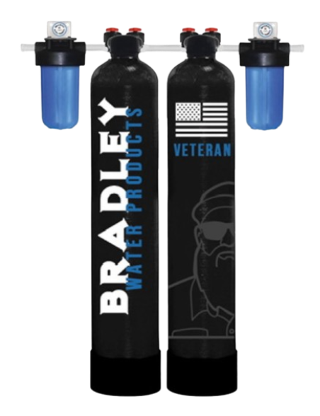 Two black water filter tanks with blue filter housings, branded 